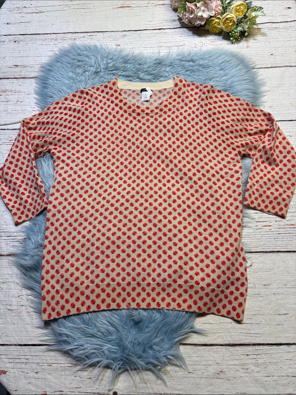 J. Crew Cream Merino Wool Apple Print Quarter Sleeve Sweater sz XL